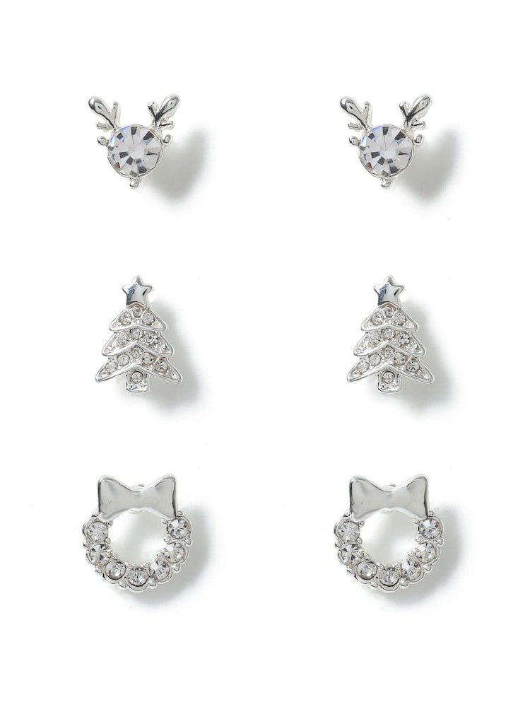 Aela Silver Tone Christmas Classy Present Stud Earrings 3 Pack - Image 1 of 3