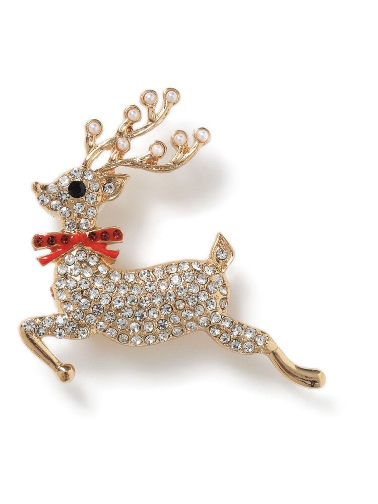 Aela Gold Tone Christmas Rhinestone Reindeer Brooch - Image 1 of 3