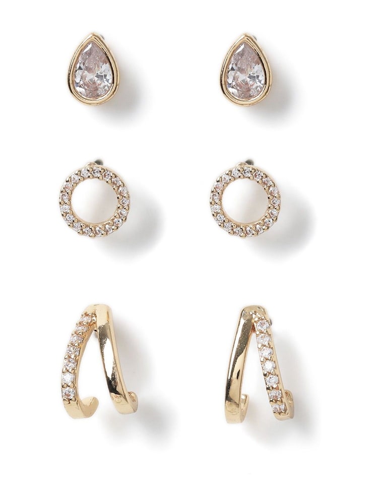 Aela Gold Tone Diamond Simulant Earrings 3 Pack - Image 1 of 2