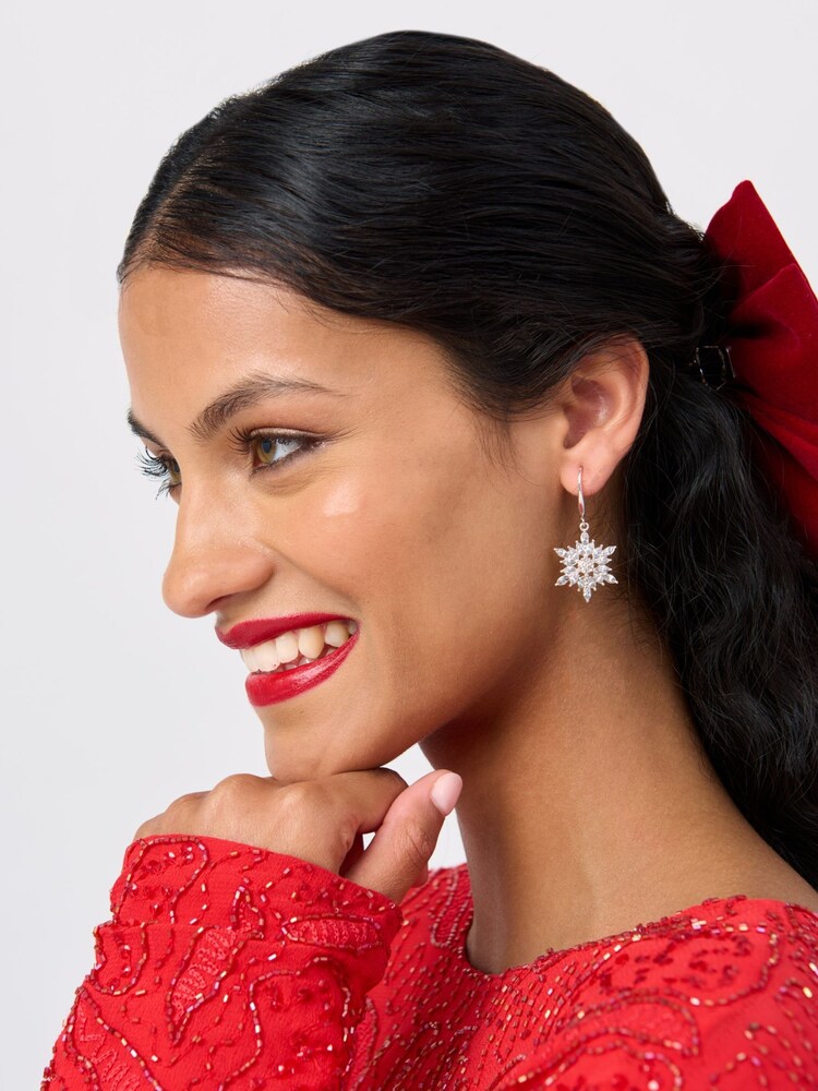Aela Silver Tone Christmas Rhinestone Snowflake Drop Earrings - Image 1 of 4 Aela Silver Tone Christmas Rhinestone Snowflake Drop Earrings - Image 1 of 4