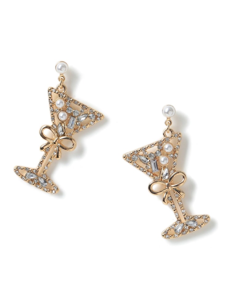 Aela Gold Tone Christmas Pearl Cocktail Glass Stud Earrings - Image 1 of 3