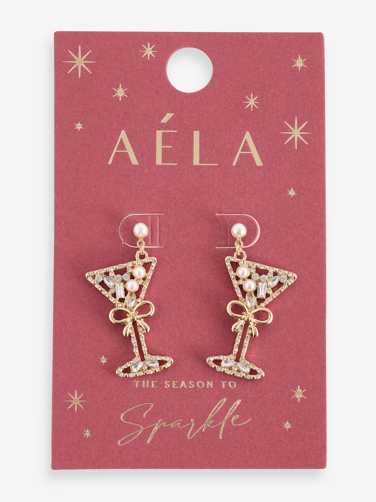 Aela Gold Tone Christmas Pearl Cocktail Glass Stud Earrings - Image 3 of 3