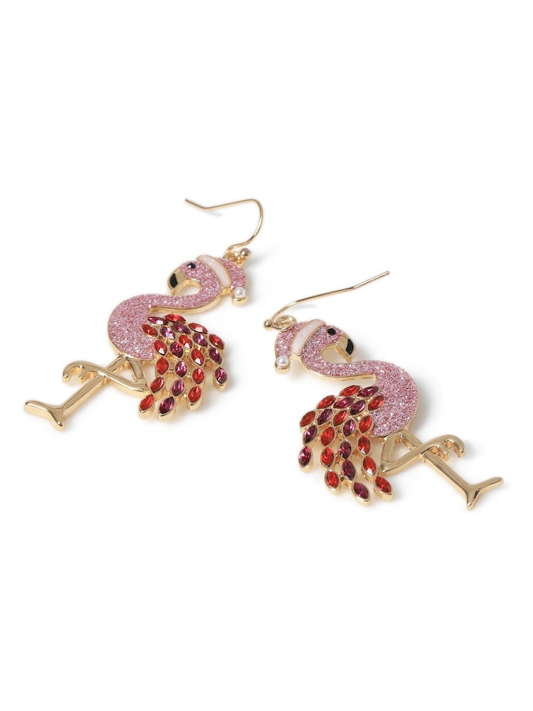 Aela Gold Tone Christmas Glitter Santa Hat Flamingo Drop Earrings - Image 2 of 3