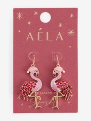 Aela Gold Tone Christmas Glitter Santa Hat Flamingo Drop Earrings - Image 3 of 3