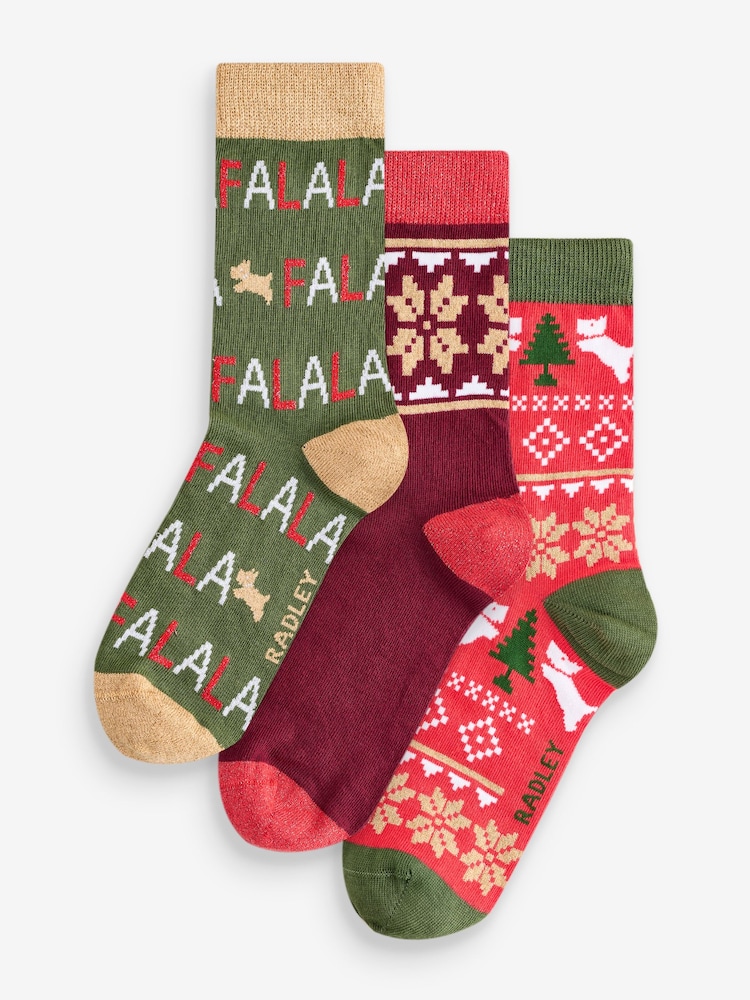 Radley London Red Festive Christmas Fairisle Pattern Socks 3 Pack - Image 1 of 4