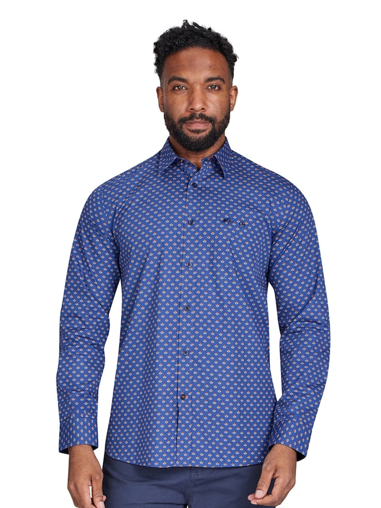 Raging Bull Blue Long Sleeve Leaf Print 100% Cotton Shirt - Image 1 of 7