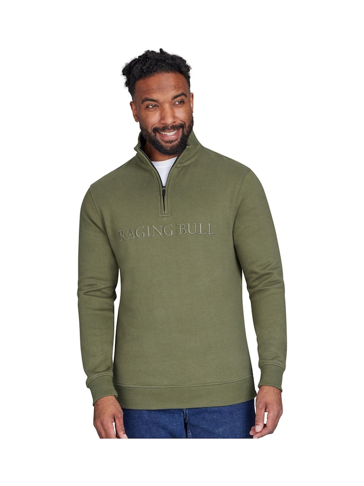 Raging Bull Green Tonal Embroidered Quarter Zip 100% Cotton Sweater - Image 1 of 4