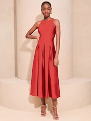 Lipsy Red Halter Neck Skater Prom Midi Dress - Image 3 of 4