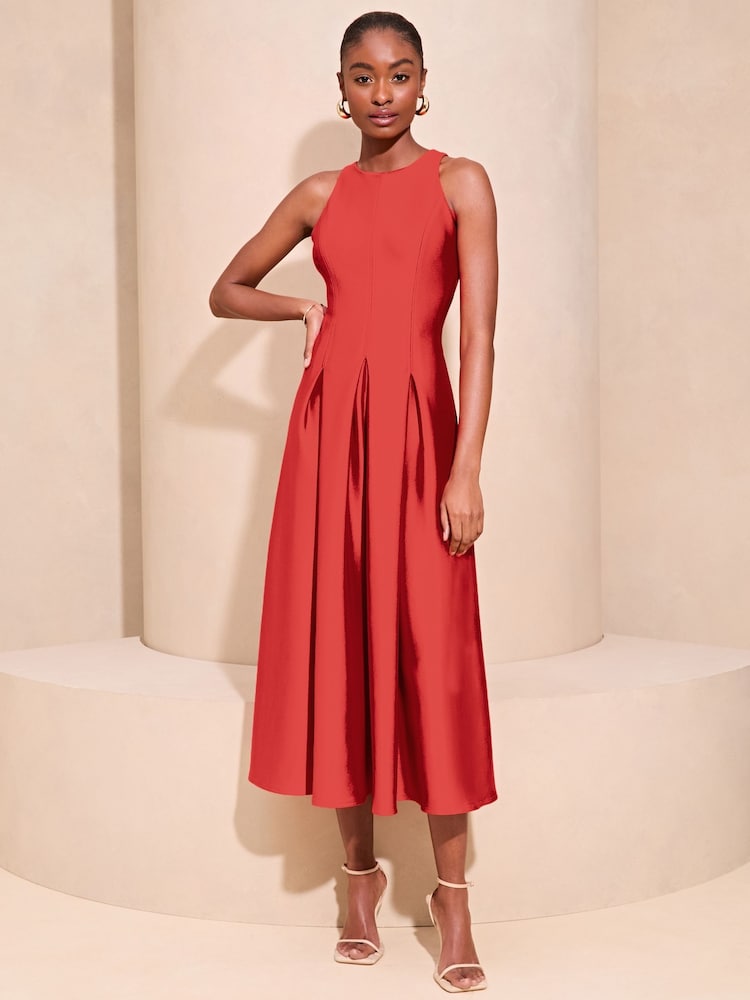 Lipsy Red Halter Neck Skater Prom Midi Dress - Image 3 of 4