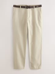 Neutral Regular Fit Smart Linen Cotton Blend Belted Trousers - Image 1 of 5