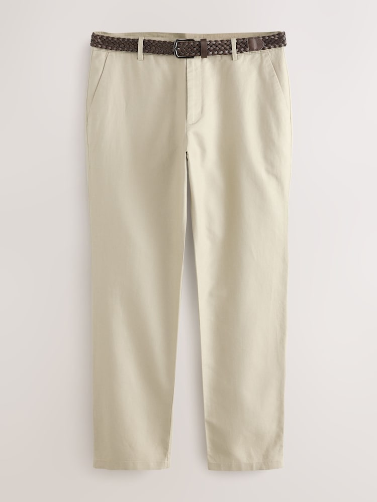 Neutral Regular Fit Smart Linen Cotton Blend Belted Trousers - Image 1 of 5