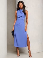 Lipsy Blue Drape Front Ruched Midi Off the Body Summer Dress - Image 1 of 4