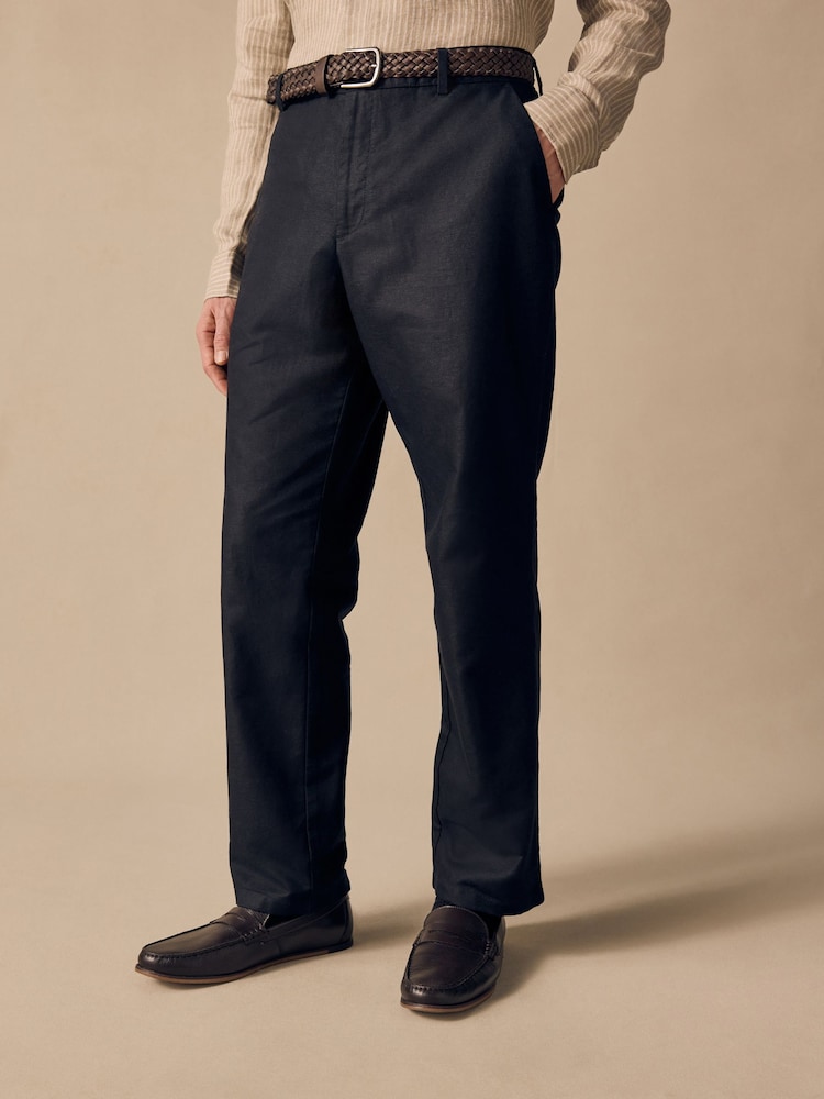 Black Regular Fit Smart Linen Cotton Blend Belted Trousers - Image 1 of 5
