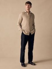 Black Regular Fit Smart Linen Cotton Blend Belted Trousers - Image 2 of 5