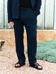 Navy Blue Regular Fit Smart Textured 100% Cotton Trousers With Internal Drawcord - Image 1 of 8