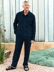 Navy Blue Regular Fit Smart Textured 100% Cotton Trousers With Internal Drawcord - Image 2 of 8