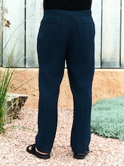 Navy Blue Regular Fit Smart Textured 100% Cotton Trousers With Internal Drawcord - Image 3 of 8