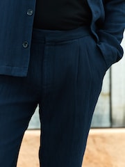 Navy Blue Regular Fit Smart Textured 100% Cotton Trousers With Internal Drawcord - Image 4 of 8