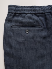 Navy Blue Regular Fit Smart Textured 100% Cotton Trousers With Internal Drawcord - Image 8 of 8