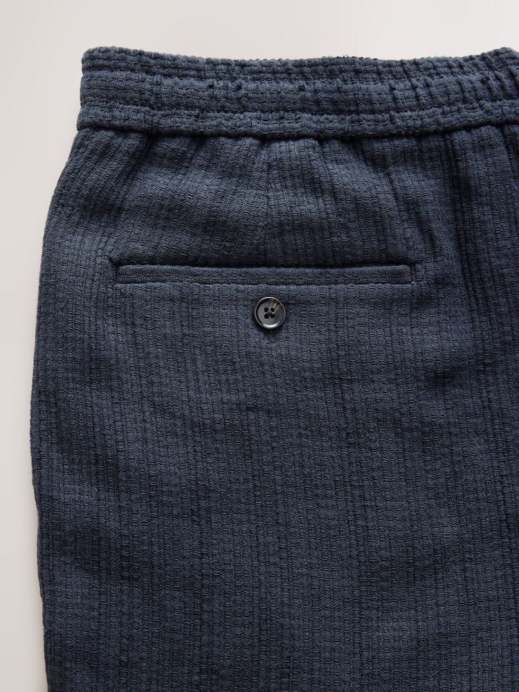 Navy Blue Regular Fit Smart Textured 100% Cotton Trousers With Internal Drawcord - Image 8 of 8