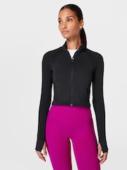 Sweaty Betty Black Black Athlete Crop Seamless Workout Zip-Up Sweatshirt - Image 1 of 8