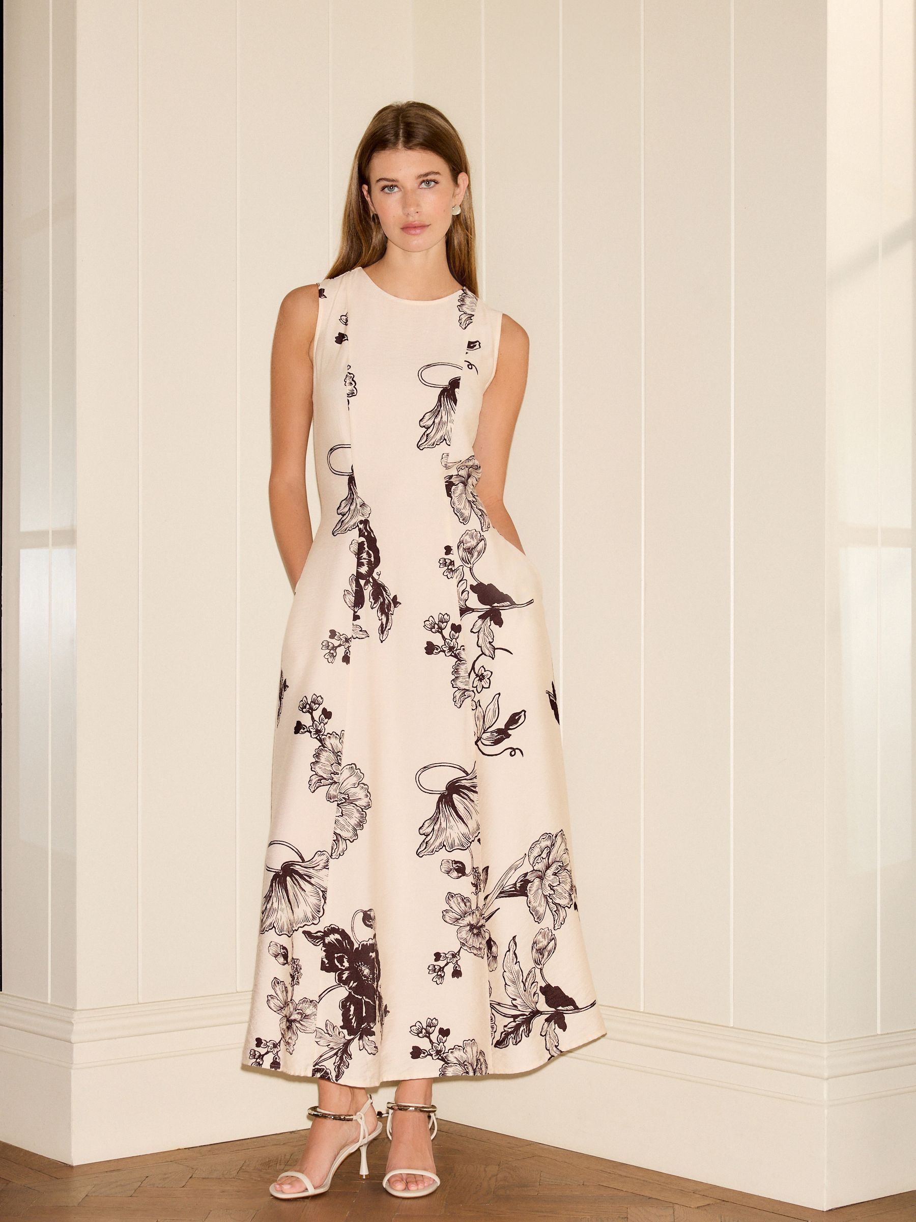 Cream and Black Floral Print Sleeveless Column A-Line Maxi Dress