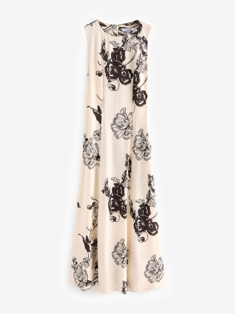 Cream and Black Floral Print Sleeveless Column A-Line Maxi Dress - Image 6 of 9