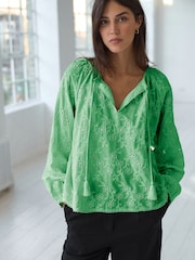 Green Textured Floral Cornelli Embroidered Long Sleeve 100% Cotton Boho Blouse - Image 1 of 7