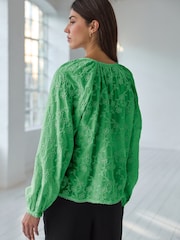Green Textured Floral Cornelli Embroidered Long Sleeve 100% Cotton Boho Blouse - Image 2 of 7
