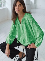 Green Textured Floral Cornelli Embroidered Long Sleeve 100% Cotton Boho Blouse - Image 3 of 7