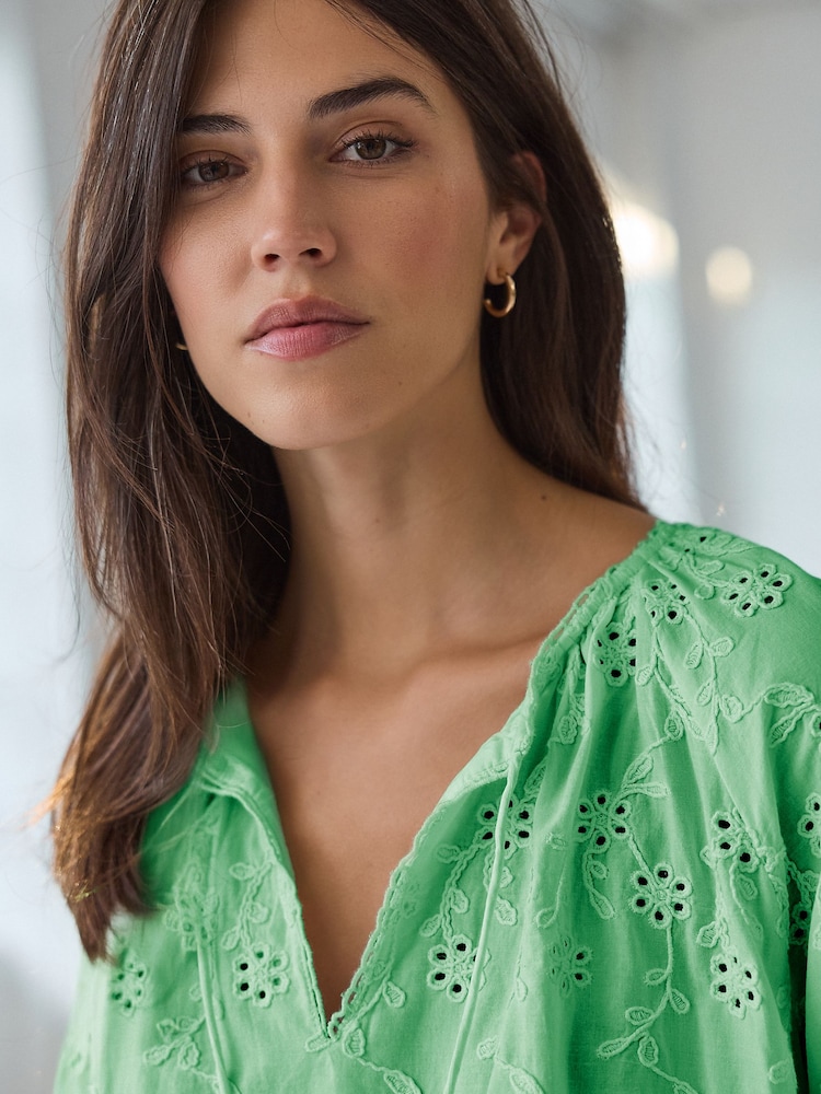 Green Textured Floral Cornelli Embroidered Long Sleeve 100% Cotton Boho Blouse - Image 4 of 7