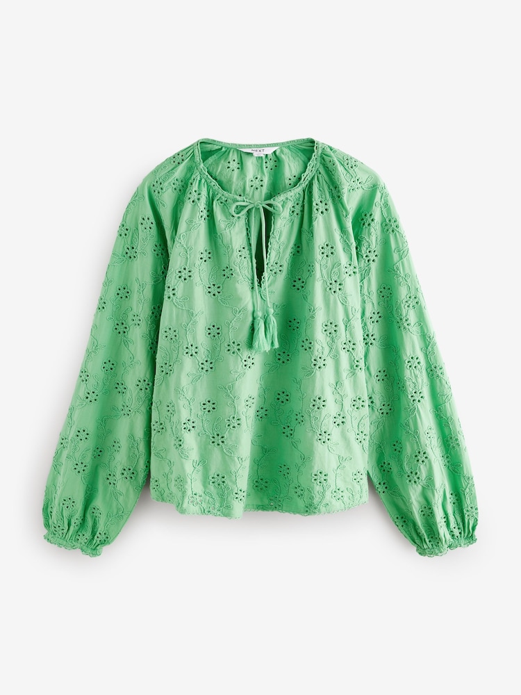 Green Textured Floral Cornelli Embroidered Long Sleeve 100% Cotton Boho Blouse - Image 5 of 7