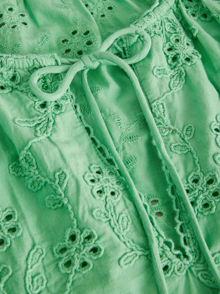 Green Textured Floral Cornelli Embroidered Long Sleeve 100% Cotton Boho Blouse - Image 7 of 7