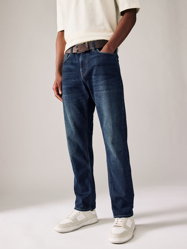 Blue Mid Indigo Slim Fit Belted Motionflex Jeans - Image 1 of 12