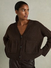 Reiss Chocolate Rosie Wool-Cashmere Patch-Pocket Cardigan - Image 1 of 6
