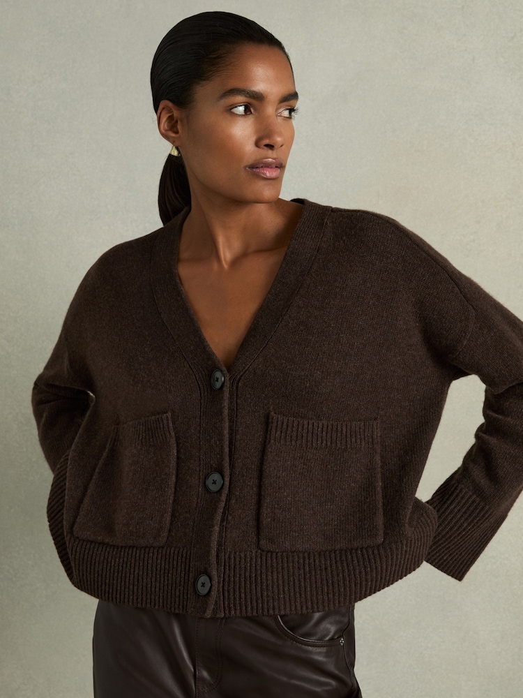 Reiss Chocolate Rosie Wool-Cashmere Patch-Pocket Cardigan - Image 1 of 6