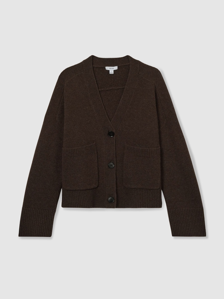 Reiss Chocolate Rosie Wool-Cashmere Patch-Pocket Cardigan - Image 2 of 6