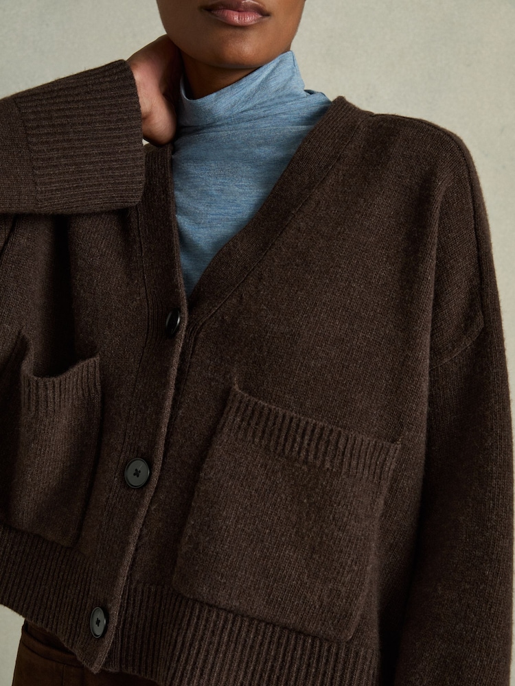 Reiss Chocolate Rosie Wool-Cashmere Patch-Pocket Cardigan - Image 4 of 6