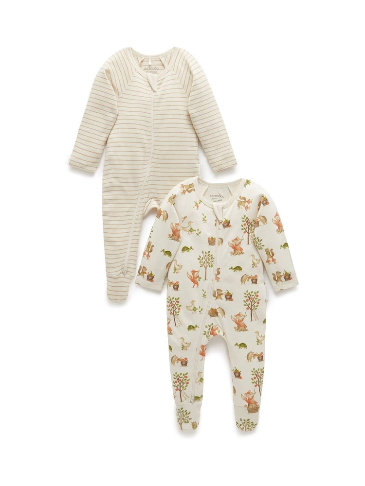 Purebaby Natural Baby Zip 100% Cotton Sleepsuits 2 Pack - Image 1 of 4