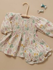 Purebaby Cream Lily Pad Print 100% Cotton Dress and Bloomer Set - Image 1 of 4