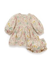 Purebaby Cream Lily Pad Print 100% Cotton Dress and Bloomer Set - Image 2 of 4
