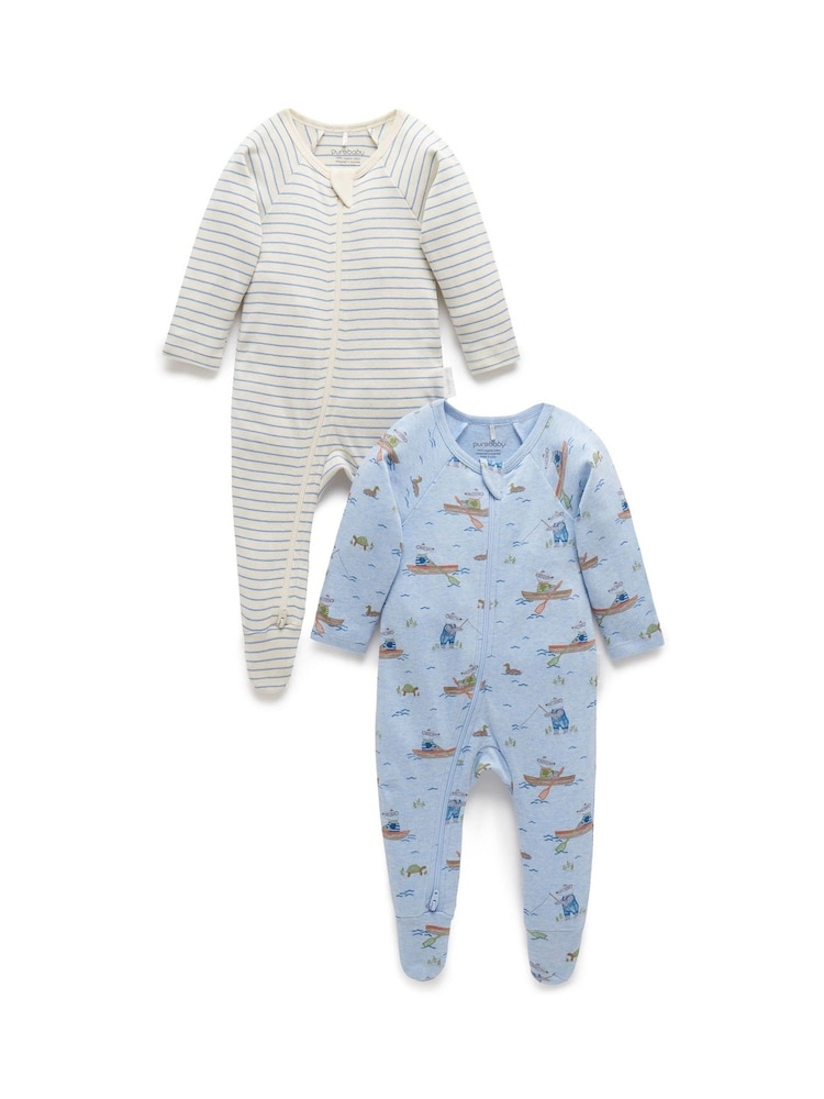 Purebaby Blue Baby Zip 100% Cotton Sleepsuits 2 Pack - Image 1 of 4