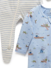 Purebaby Blue Baby Zip 100% Cotton Sleepsuits 2 Pack - Image 4 of 4
