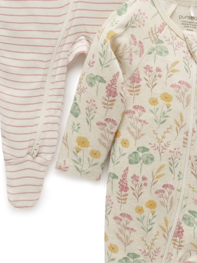 Purebaby Pink Baby Zip 100% Cotton Sleepsuits 2 Pack - Image 4 of 4