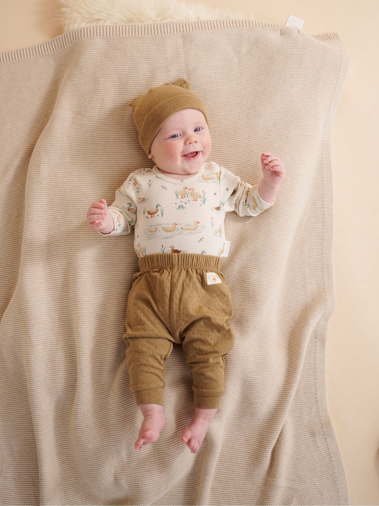 Purebaby Brown 3 Piece Baby 100% Cotton Hat, Leggings & Romper Set - Image 1 of 1