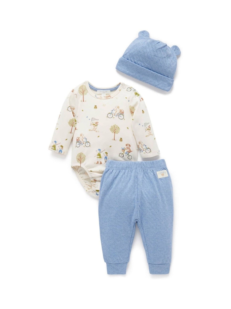 Albastru Chrome - Purebaby 3 Pieces Bebeluș 100% Cotton Pălării/Căciuli, Colanți & Romper Set - Image 2 of 5