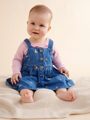 Purebaby Blue Denim Duck Pattern Embroidered 100% Cotton Dress - Image 1 of 5