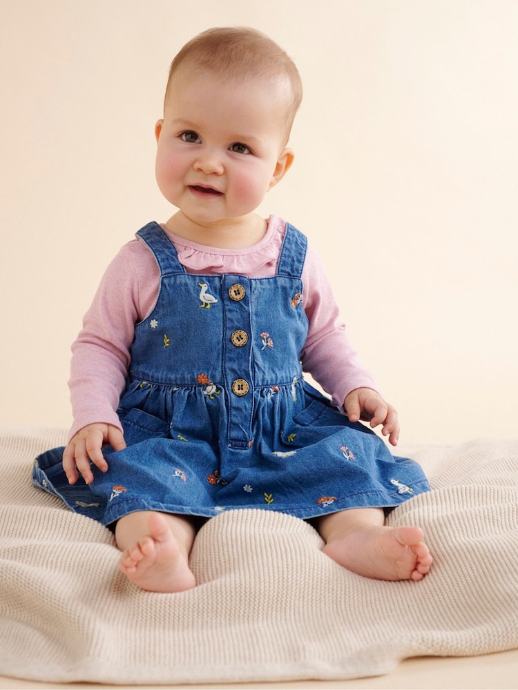 Purebaby Blue Denim Duck Pattern Embroidered 100% Cotton Dress - Image 1 of 5