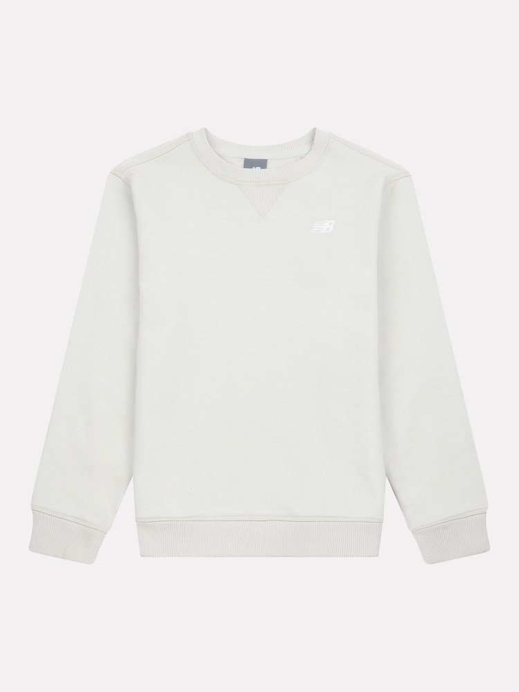 New Balance Light Grey Kids French Terry Small Logo Crew 100% Cotton Sweater - Image 1 of 3 New Balance Light Grey Kids French Terry Small Logo Crew 100% Cotton Sweater - Image 1 of 3