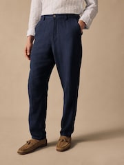 Navy Blue Elasticated Waist Textured Linen Blend Trousers - Image 1 of 10